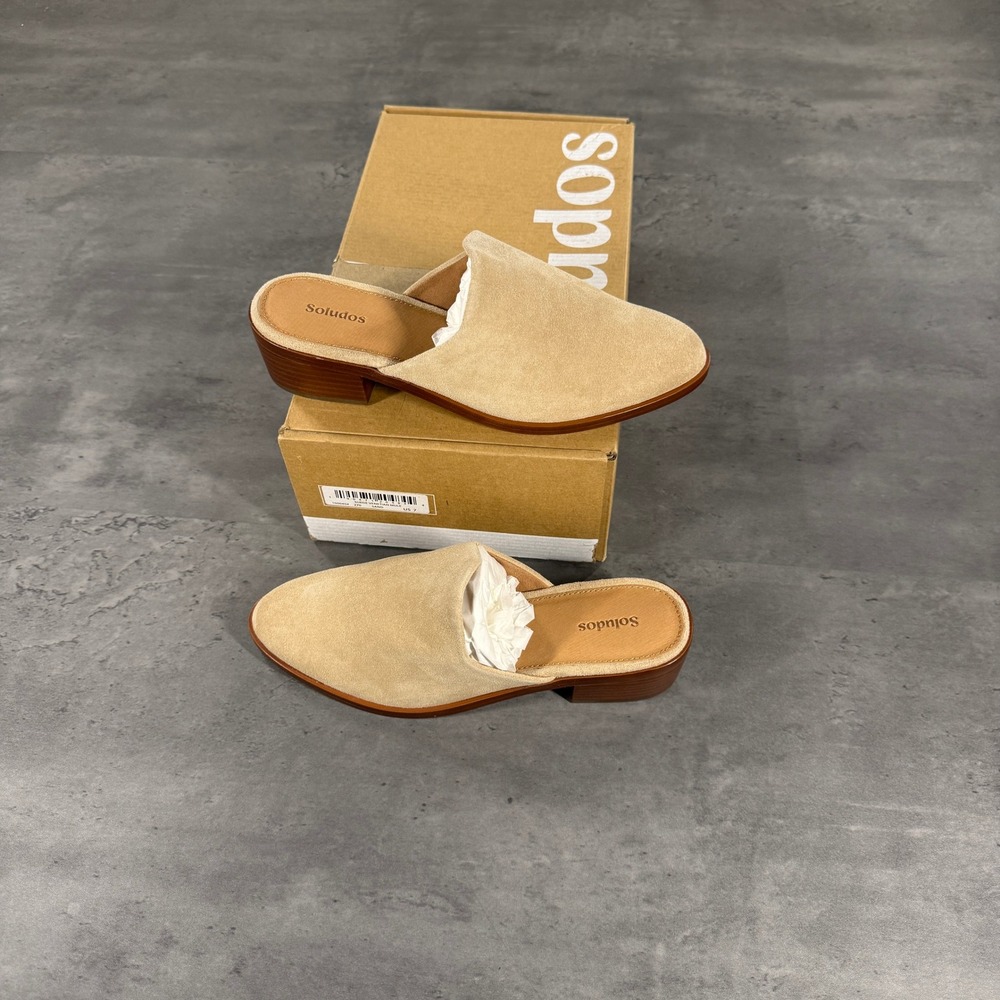 Soludos Mules Womens Size 7 Cream Tan Suede Venetian Sand Block Heel NEW